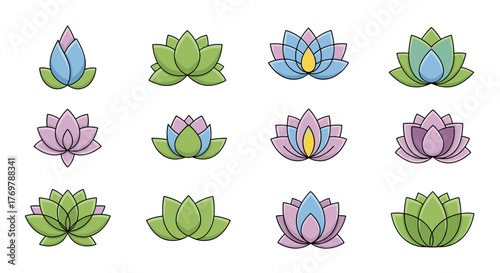 A collection of twelve stylized lotus flower icons in various pastel colors, including pink, blue, green, and yellow, set against a plain black background, representing purity, enlightenment, and