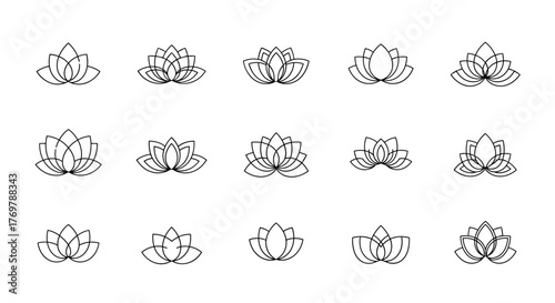 Collection of fifteen elegant, minimalist lotus flower icons in white outline on a black background, showcasing diverse petal arrangements and symmetry, perfect for branding, wellness, and spiritual
