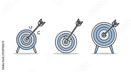 Three stylized targets with arrows hitting the bullseye, representing success, goals, and achievement in a business or sports context. The clean, modern design in blue and white evokes precision and