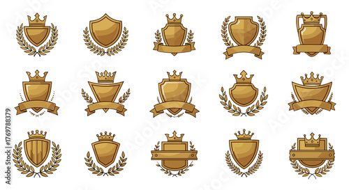 Collection of golden heraldic shields and emblems adorned with crowns and laurel wreaths, presented on a black background, perfect for award ceremonies, luxury branding, and official seals