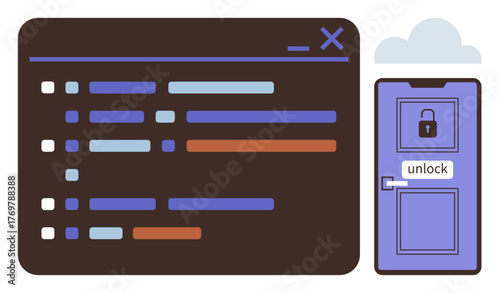 Coding screen with colorful script lines next to a door with a lock and unlock mechanism. Ideal for cybersecurity, coding, access control, technology, privacy, development, and security awareness