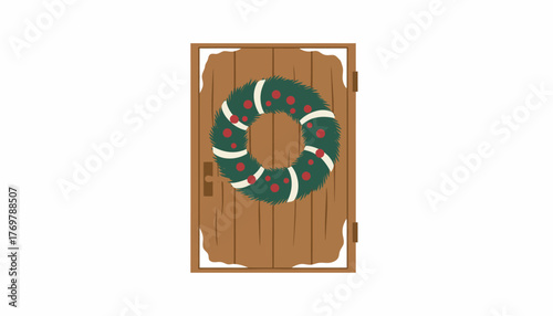 An elegant holiday wreath made of pine berries and ribbons adorned on a rustic wooden door with a hint of snow around the edges.
