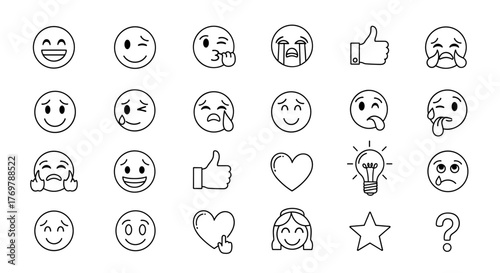 Collection of Hand-Drawn Outline Emoji Icons Representing a Wide Range of Emotions and Symbols, Perfect for Digital Communication and Graphic Design Projects, Including Happy, Sad, Winking, Kissing