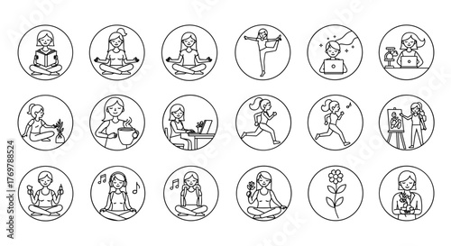 Collection of 18 circular icons depicting women engaged in various activities: reading, meditating, yoga, dancing, working on a laptop, drinking coffee, running, painting, gardening, listening to