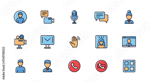 Collection of flat design icons representing online communication and video conferencing, including user profiles, chat bubbles, microphones, cameras, screens, and call buttons, perfect for digital