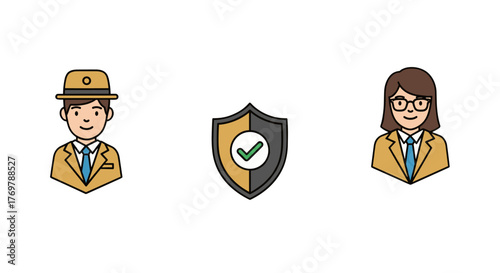 Illustration of a secure transaction or agreement between two business professionals, represented by icons of a man and a woman in suits, with a central shield icon signifying protection and a