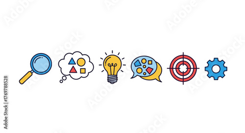 Conceptual icons representing the stages of problem-solving and idea generation: magnifying glass for research, thought bubble with shapes for brainstorming, glowing lightbulb for innovation, speech