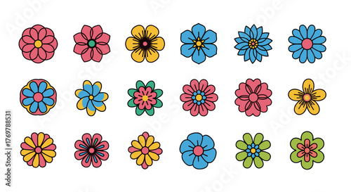 A vibrant collection of 18 stylized, flat design flowers in various shapes and color combinations, including pink, yellow, blue, and green, set against a stark black background, perfect for graphic