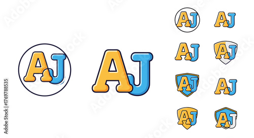 Collection of AJ Monogram Logos: A vibrant and modern set of "AJ" lettermark logos, featuring bold typography in yellow and blue, presented in various circular and shield-shaped designs, perfect for