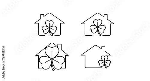 Set of four minimalist line art icons representing different house designs, including a traditional house with a circular window, a modern house with a geometric roof, a house with a flower motif