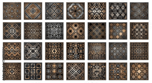 A stunning collection of 30 unique geometric patterns and decorative ornamental tiles, featuring intricate designs in metallic bronze, silver, and gold textures, perfect for architectural elements