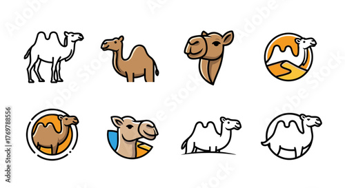 Collection of stylized camel logos and icons, featuring a dromedary in profile, a camel head, and a camel silhouette within a desert landscape, all rendered in a modern, flat design with warm, earthy