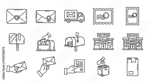 Collection of outline icons representing postal services, including envelopes with hearts and ribbons, a mail truck, postage stamps, mailboxes, post office buildings, hands holding letters and