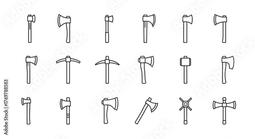 Set of minimalistic linear icons of axes and tools for web and graphic design, apps, banners, social networks, and cards. A collection of vector cartoon illustrations representing various types of