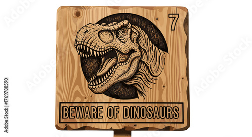 Intricately carved wooden sign featuring a fierce Tyrannosaurus Rex head with an open mouth and sharp teeth, set against a dark circular background, with "BEWARE OF DINOSAURS" text below and the