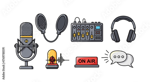 Set of flat design icons representing podcasting and broadcasting equipment, including a professional microphone with pop filter, audio mixer, headphones, siren light, "ON AIR" sign, and speech