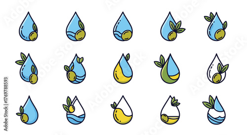 Collection of stylized water drop icons, each featuring a green olive and leaves, symbolizing natural essence, purity, and organic products. These versatile graphics are perfect for branding, health