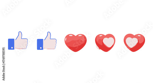 Vibrant 3D rendering of social media reaction icons, featuring two blue thumbs-up symbols and three red hearts, one solid and two with a white inner heart, isolated on a black background, symbolizing