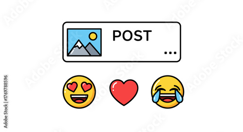Social media post interface with image preview, "POST" text, and three popular emojis: face with hearts, red heart, and face with tears of joy, representing likes, love, and laughter in online