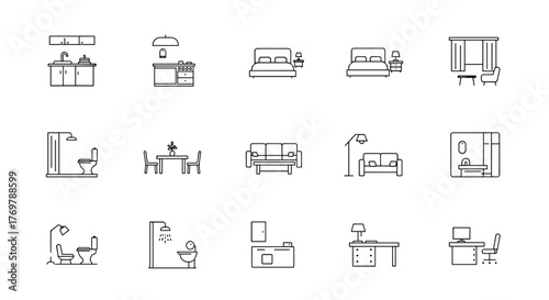 Collection of minimalist line art icons representing various household furniture and interior design elements, including kitchen units, beds, sofas, dining tables, toilets, showers, and office desks