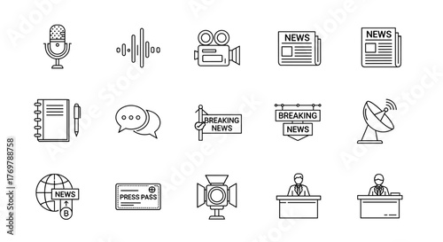 Journalism line icon set featuring editable stroke icons for journalists, reporters, news, microphones, podcasts, interviews, media interface elements, newsroom communication tools, and broadcast