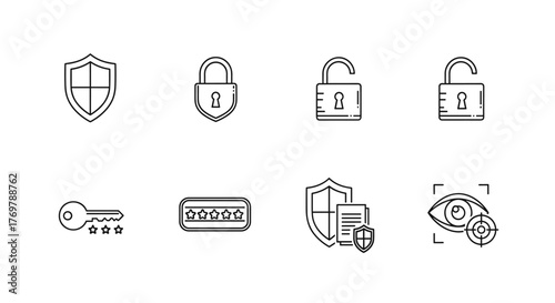 Cybersecurity icon set featuring security shields, locked and unlocked padlocks, a key with stars, a password field, document protection, and an eye access scanner, presented as ordered line art on a