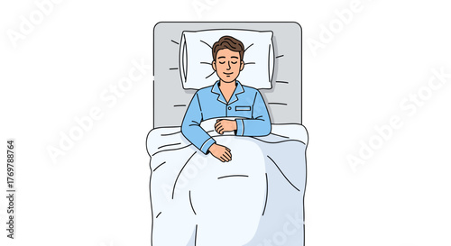 Top view of a man peacefully sleeping in bed, dressed in blue pajamas, resting comfortably on a pillow atop a mattress, representing nighttime repose and solitude, with a serene expression suggesting