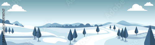 Snowy Hills with Winding Path – Minimalist Winter Landscape Illustration
