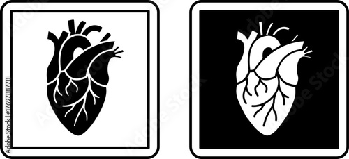 Cardiology Signs. Black and White Vector Icons. Human Heart with Arteries. Cardiovascular Treatment. Hospital Department Sign