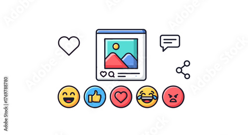 Vibrant cartoon illustration of a social media app interface post featuring a scenic landscape, surrounded by various emoji reactions like laughing, thumbs up, love, and anger, alongside icons for