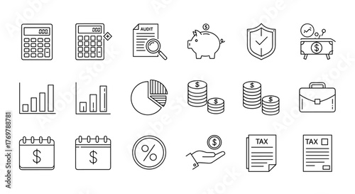 Set of clean, minimalist line icons representing accounting, auditing, taxes, and financial management, perfect for business and finance-related digital content. This editable stroke vector