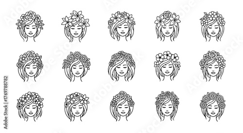 Set of 15 stylized line art illustrations of women's faces adorned with intricate floral wreaths, presented on a clean white background, perfect for beauty, fashion, and lifestyle branding.