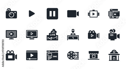 Collection of solid video icons, including camera, play button, pause symbol, media player interface, online video streaming, live broadcast, production equipment, movie reel, and cinema building
