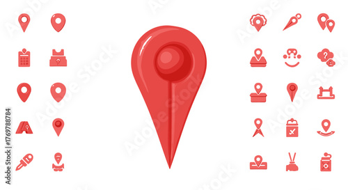 Vivid 3D render of a collection of red map pin and location pointer icons, perfect for navigation, delivery services, and travel apps, presented on a clean black background for maximum visual impact