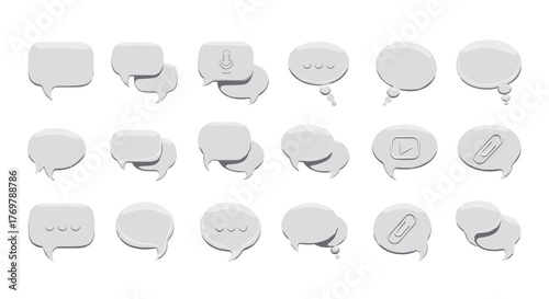 A comprehensive collection of 3D white speech bubble and chat icons, presented as a vector cartoon illustration on a clean white background, featuring various communication symbols like ellipses