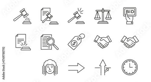 Collection of line art icons representing auction, sale, and legal concepts, including a gavel, scales of justice, bid sign, handshake, price tag, judge's wig, document, magnifying glass, arrows, and