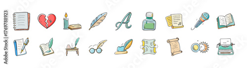 Diverse vector icons notebook broken heart feather scissors apparel and more