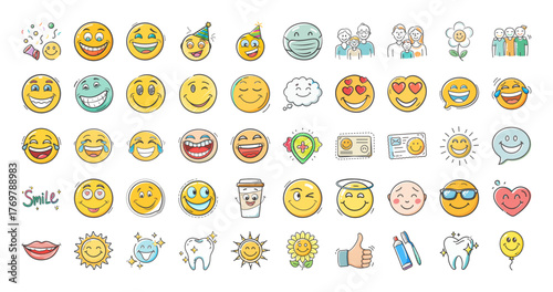 Collection of diverse smiley faces and icons vector art