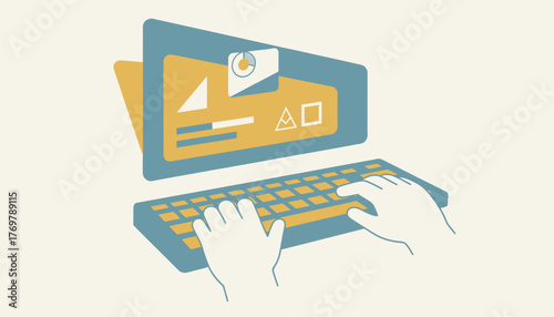 Hands typing on a computer keyboard, interacting with digital charts and graphics on the screen, representing concepts of data analysis, work, and online education