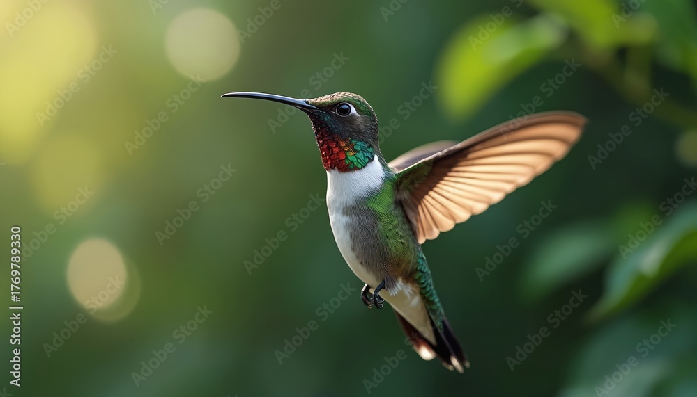 Fototapeta premium Small ruby throated hummingbird flies in garden. Bird hovers with wings spread near green leaves, its iridescent feathers gleam. Tiny avian searches for nectar, feeding on sweet liquid in summer.