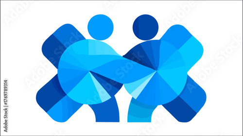 Two abstract, geometric figures in shades of blue, interacting in partnership