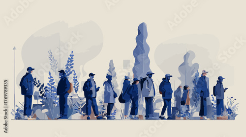 A stylized illustration of people in blue waiting in a long line outdoors