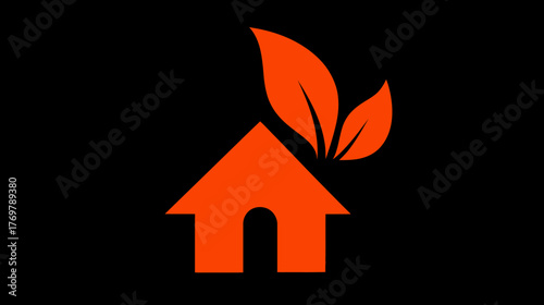 Orange house silhouette with two leaves growing out of it on a black background