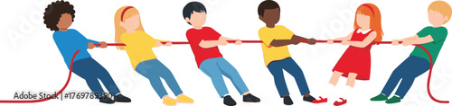 children, tug of war, teamwork, competition, strength, play, sport, activity, cartoon, illustration, vector, design, lifestyle, childhood, outdoor, recreation, challenge, energy, movement, concept