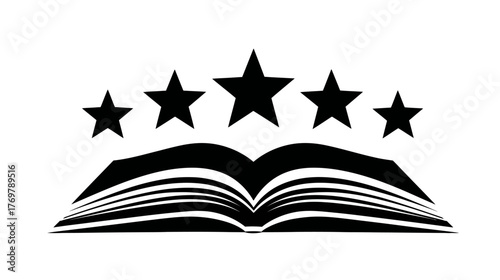 A black silhouette of an open book with a curved arch of five rating stars above