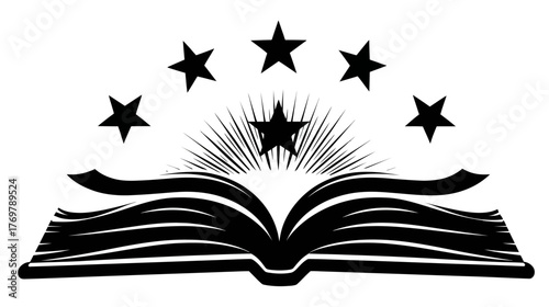 Open book with rays of light and five stars above it, all in black and white
