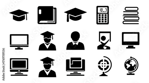 Collection of education-related icons, rendered in black silhouette on a plain white background