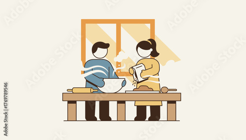 Couple in a cozy kitchen baking together, mixing ingredients, rolling dough and sharing smiles while enjoying a weekend home cooking hobby and teamwork in a flat vector style