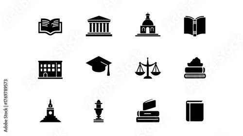 A collection of twelve black silhouette icons for education, law, and learning