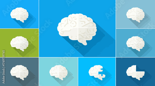 A flat design collage of brain icons with long shadows on colorful backgrounds